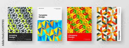 Minimalistic journal cover design vector layout set. Clean geometric hexagons annual report illustration bundle.