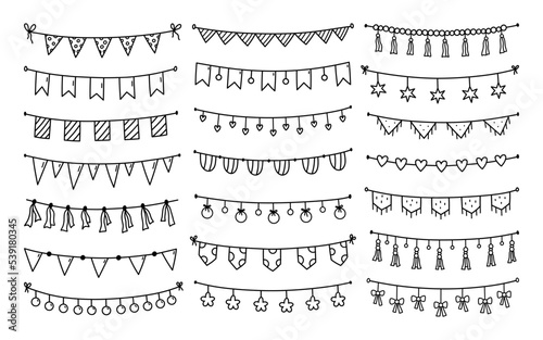 Set of cute festive buntings and flags for parties isolated on white background. Vector hand-drawn illustration in doodle style. Perfect for holiday designs, cards, decorations, logo.
