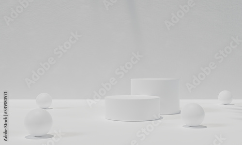 White podium and white background stand or podium pedestal on advertising display with blank backdrops. 3D rendering.