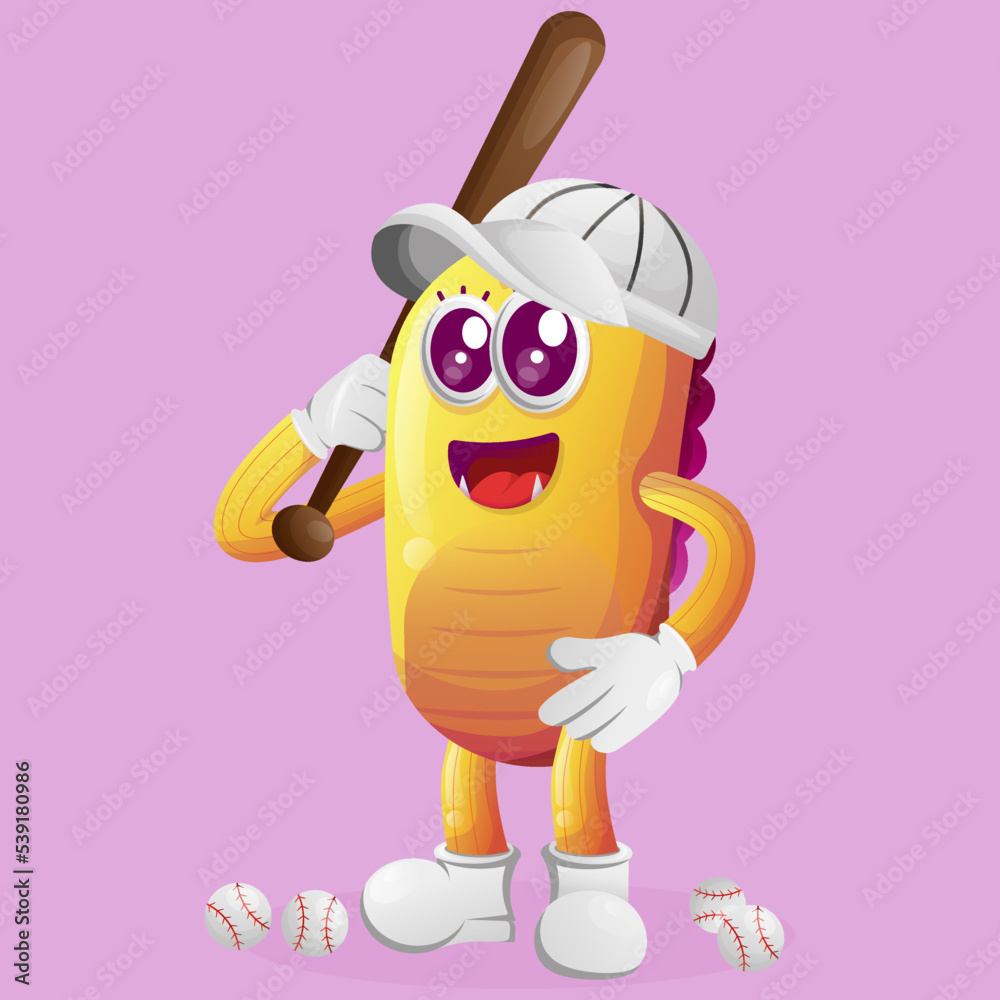Cute yellow monster playing baseball