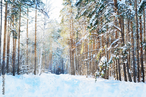 Winter landscape. Winter Forest, Watercolor art. Snowy pine forest, watercolor Background