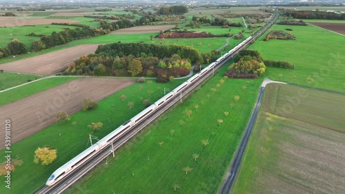 ICE Highspeed train railroad track - aerial view from above