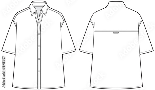mens short sleeve dropped shoulder oversize collar shirt fashion flat sketch vector illustration. front and back view technical drawing template.