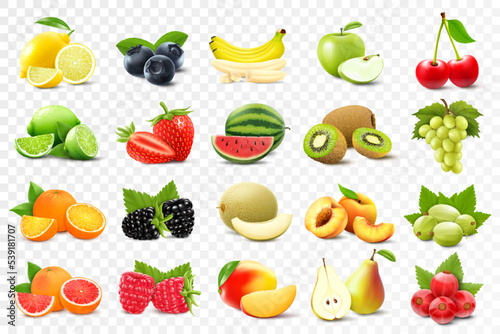 Realistic set of various kinds of fruits with orange, kiwi, pear, lemon, grapes, strawberries, currants, peach, lime, grapefruit, applе, isolated on transparent background, 3d vector