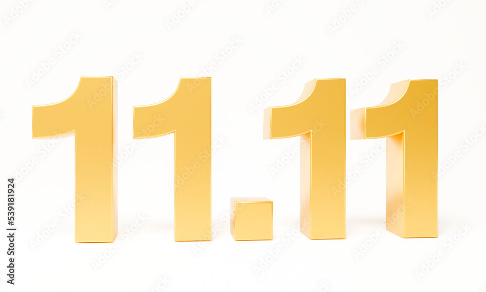 Fototapeta premium 3D Rendering Golden 11.11 Flash sale shopping day isolated on white background. use for Banner templete design for social media promotions, celebrate, discount, ten Sale for the month of November.