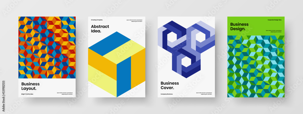 Minimalistic flyer design vector illustration bundle. Premium geometric hexagons cover layout collection.