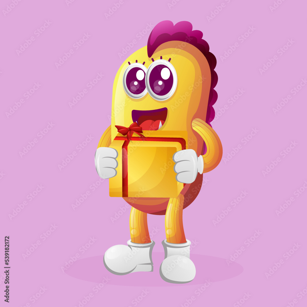 Cute yellow monster holding gift box Cute yellow monster holding gift box