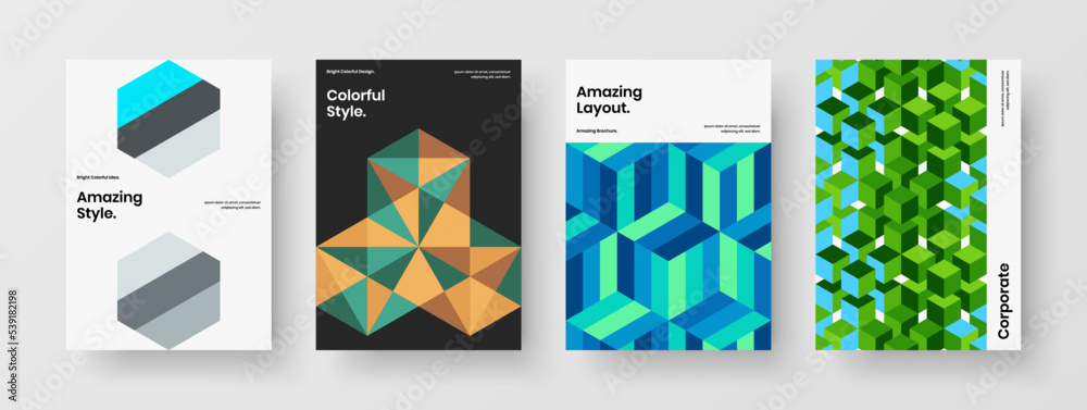 Fresh geometric hexagons company brochure layout composition. Simple leaflet vector design illustration bundle.