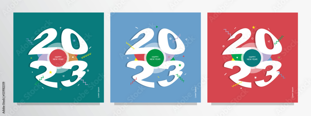 2023 Creative Colorful Set Happy New Year, Poster, Greeting Card, Flyer, Banner, Corporate Design