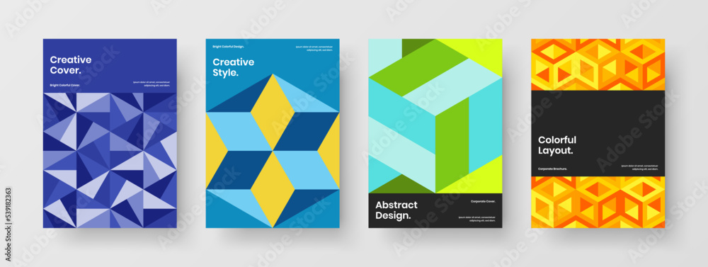 Original mosaic hexagons book cover illustration bundle. Abstract presentation vector design layout set.