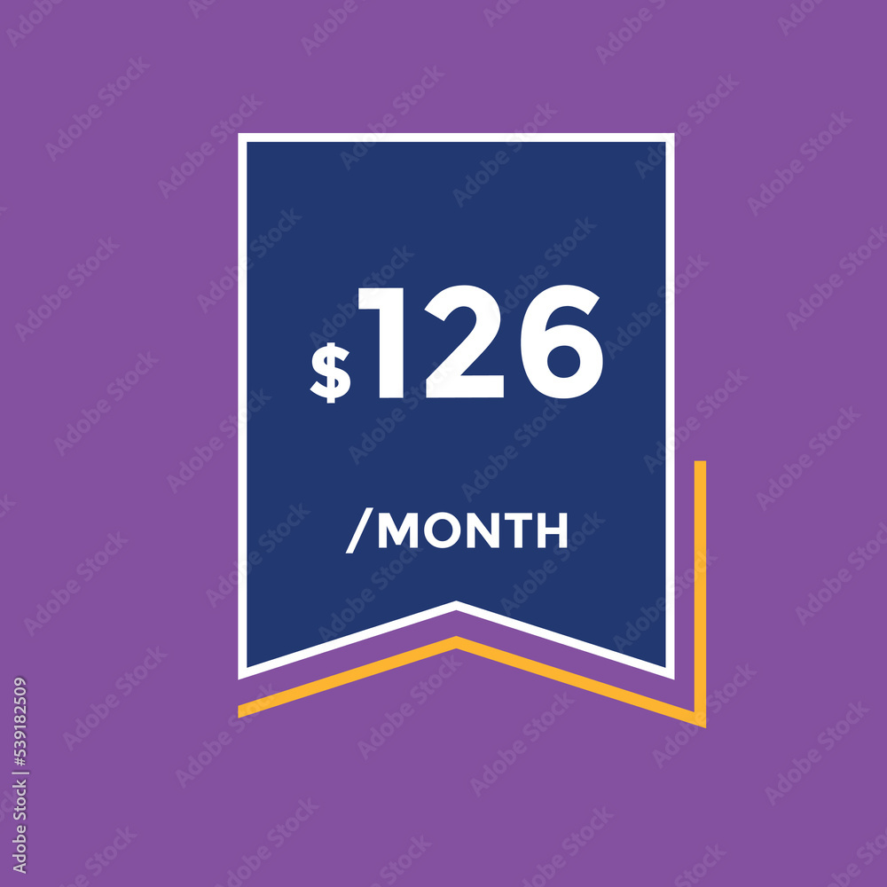 $125 USD Dollar Month sale promotion Banner. Special offer, 125 dollar month price tag, shop now button. Business or shopping promotion marketing concept
