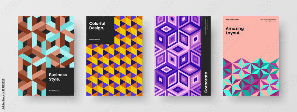Creative mosaic hexagons cover illustration composition. Vivid annual report design vector layout collection.