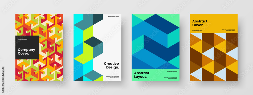 Isolated annual report A4 design vector concept bundle. Unique mosaic pattern corporate brochure illustration composition.