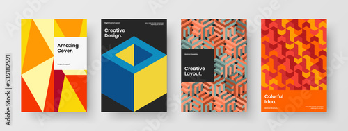 Premium geometric pattern poster illustration collection. Vivid brochure A4 design vector template composition.