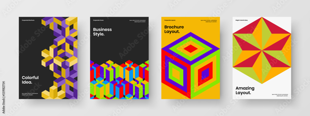 Multicolored presentation vector design layout collection. Bright geometric tiles book cover illustration bundle.