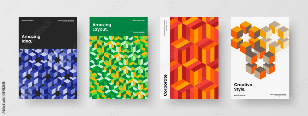 Amazing catalog cover vector design template collection. Vivid mosaic shapes corporate brochure concept composition.