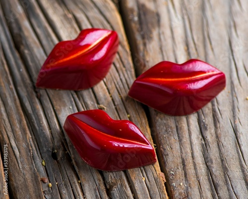 Closeup shot of red lip shaped candies on a wooden board