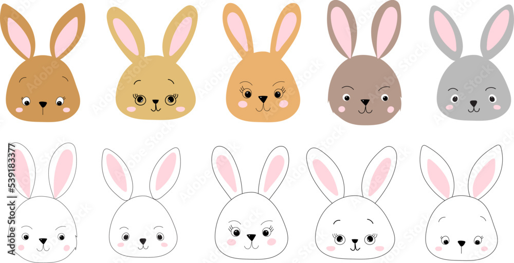 rabbits portrait character, cartoon set rabbits portrait character, cartoon set