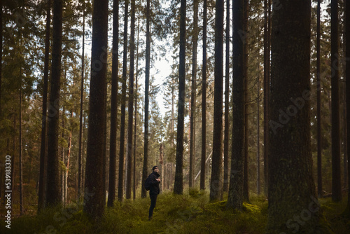 A caucasian man with a backpack walking in a forest on a path at sunset.