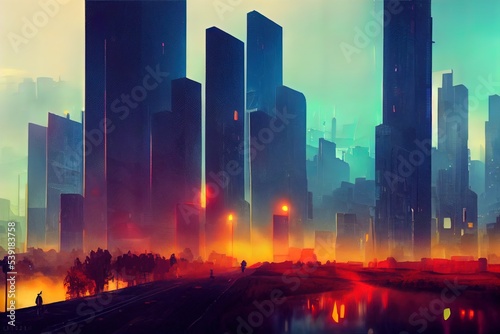Skyline Of Modern City With Autumn Atmosphere. Ai generated image