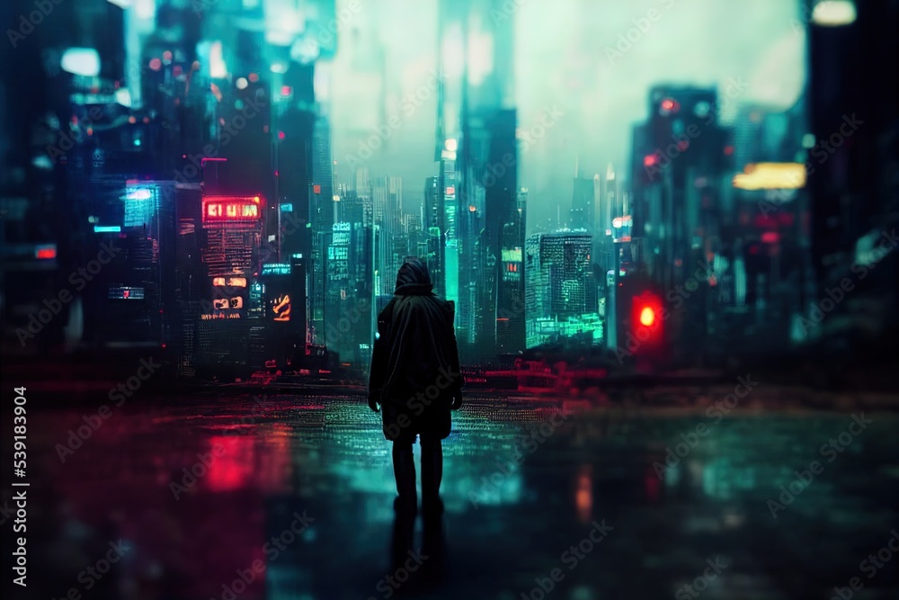 A Man Walks In A Futuristic Cyber City. Ai generated image