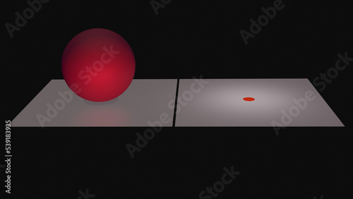 3d sphere intersecting 2d plane, revealing cross sections where both dimensions touch. Multidimensional interactions. 3d render illustration. View 1