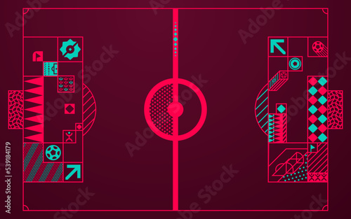 Vector football field with markings and geometric ornaments and icons. Background for the World Football Championship 2022