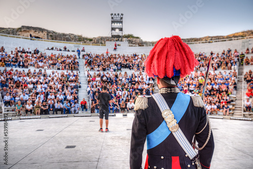 Syracuse Sicily Italy: Officer of the Carabinieri with the historical uniform lined up on the occasion of the historical celebration held in the Greek theater of Syracuse