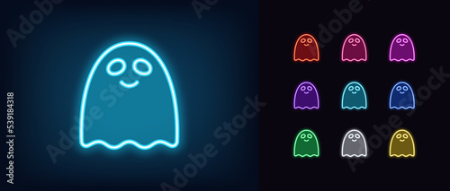 Outline neon cute ghost icon. Glowing neon Funny ghost with smile, smiling spirit pictogram
