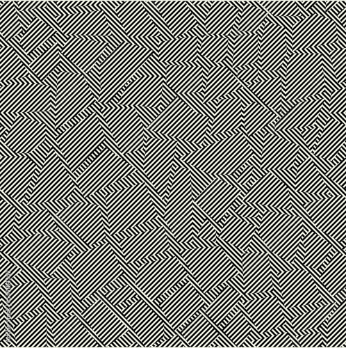 Abstract seamless pattern with hallucinatory halftone effect. Monochrome squares with lines repetitive vector collage.