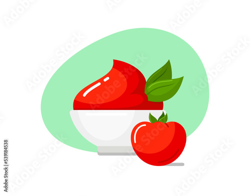 Ketchup in deep bowl, icon of homemade tomato sauce with leaves in white ceramic cup. Vector flat cartoon colorful illustration on green background