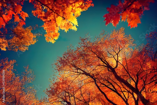 Trees In An Urban Forest At Autumn Season. Autumns Vibes, Colorfull. Autumn Park. Ai generated image