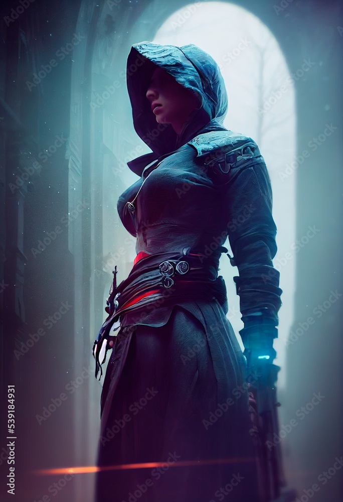 A fictional person, not based on a real person. Fantasy portrait of a  militant female assassin in an ancient assassin costume. The concept of  ancient warriors. 3D rendering Illustration Stock | Adobe