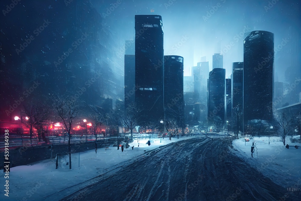 A City With Skyline Under the Snow, Snowstorm. Winter City At Night, Holiday Season. Ai generated image