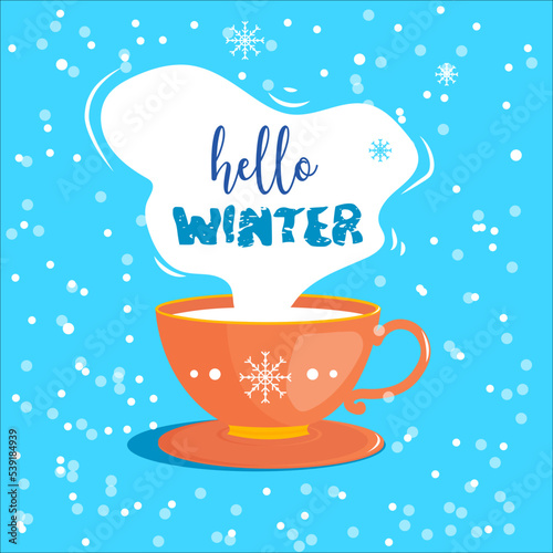 greeting card for christmas hello winter with a mug cup of hot cocoa