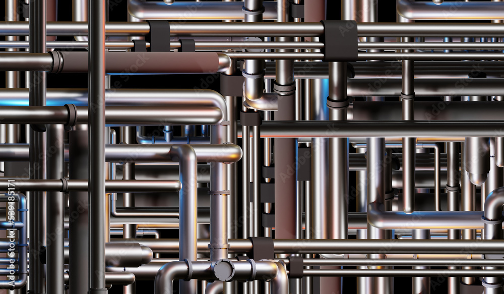 Walpapper pipes. Intertwining steel pipes background. Labyrinth of pipes. Walpapper with pipeline. Steel pattern with pipeline. Engineering communications pattern. Steel background texture. 3d image.