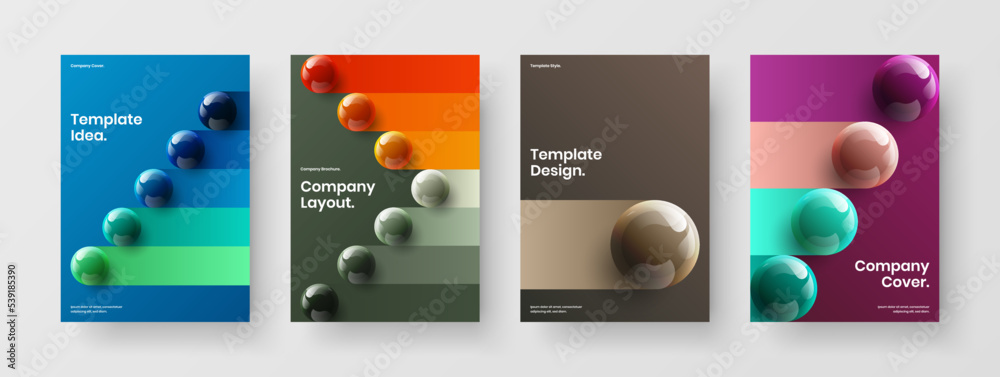 Abstract 3D spheres journal cover layout set. Geometric corporate identity A4 design vector template composition.