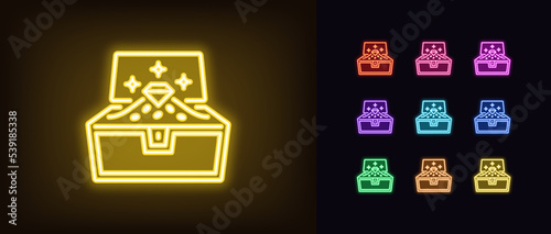 Outline neon treasure chest icon. Glowing neon opened chest with gold coins and diamond, treasure box pictogram
