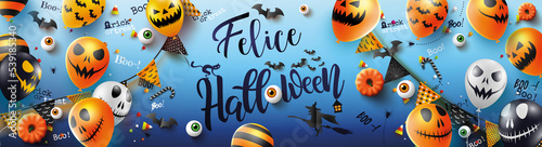 biglietto o striscione su "happy halloween" in nero su sfondo blu con intorno palloncini, zucca, strega sulla scopa, pipistrello, occhi