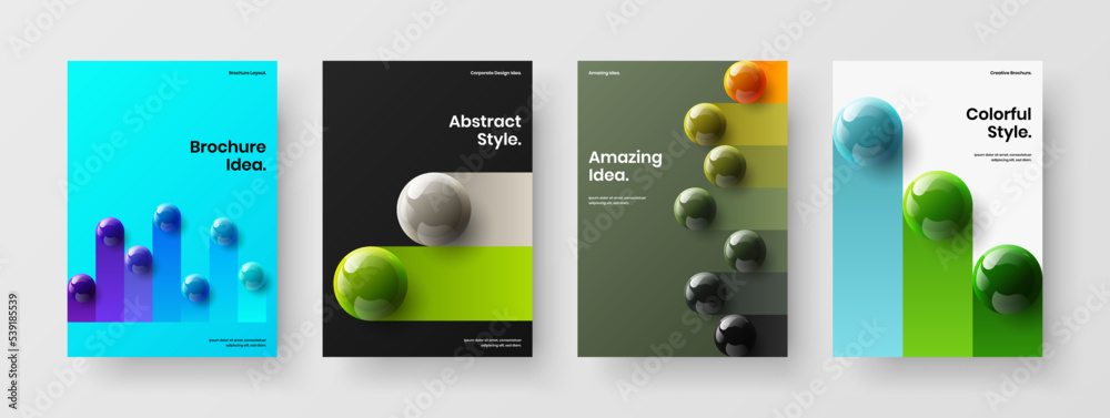 Modern corporate cover A4 vector design concept bundle. Multicolored realistic balls front page layout composition.