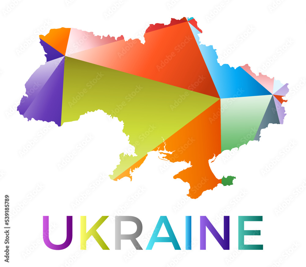 Bright colored Ukraine shape. Multicolor geometric style country logo. Modern trendy design. Powerful vector illustration.