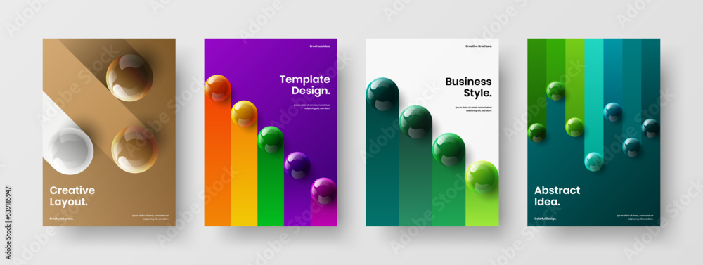 Abstract realistic balls company brochure template set. Minimalistic front page A4 vector design concept collection.