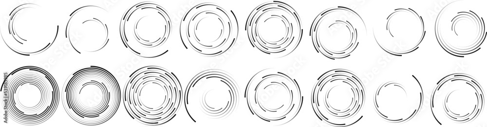 Abstract geometric circles with halftone dots. Vector rotating dotted Line Design . Transparent design element . Concentric circles logo set .Minimal art Abstract geometric circles with halftone dots. Vector rotating dotted Line Design . Transparent design element . Concentric circles logo set .Minimal art