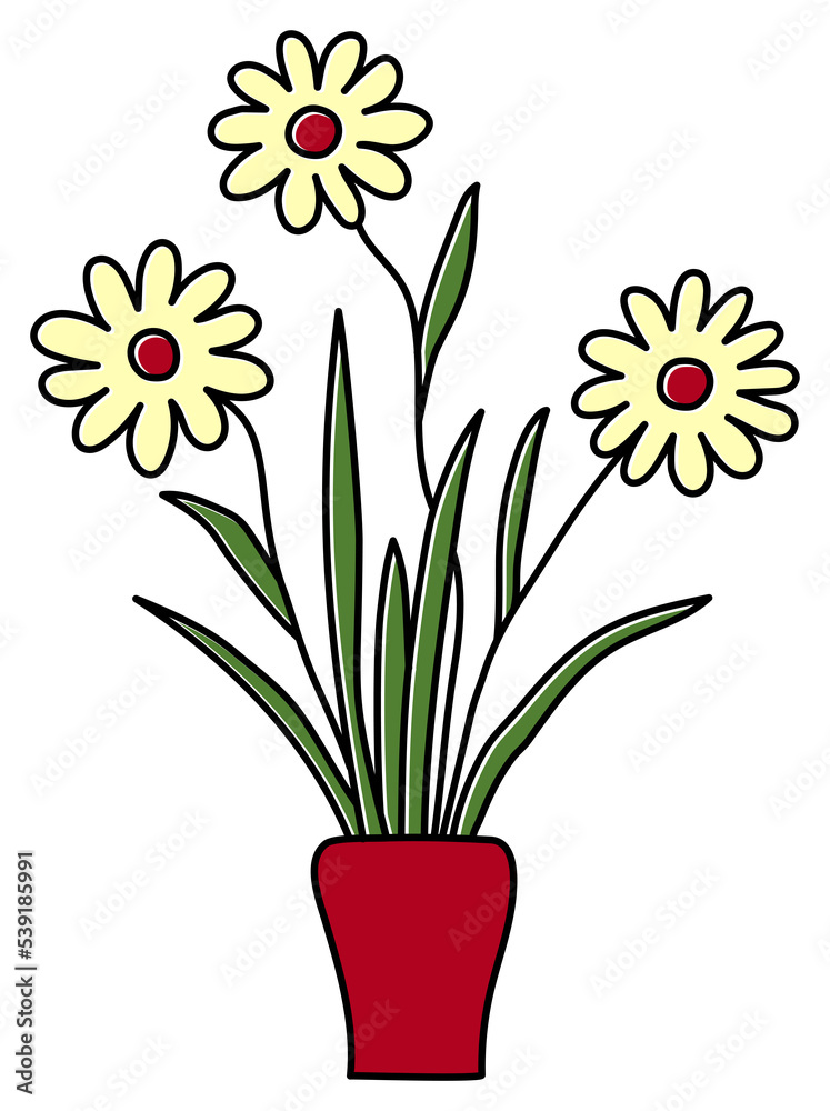 Fototapeta premium Potted gerbera or chamomile sketch. Indoor flower in a pot. Color illustration of a plant