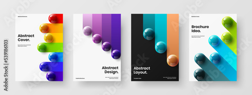 Original 3D spheres cover layout composition. Trendy front page A4 vector design concept bundle.