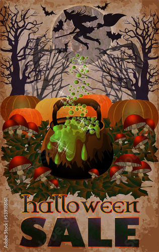 Halloween Sale card with full moon, with and potion, vector illustration