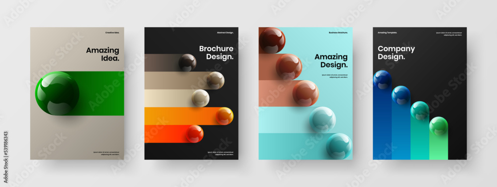 Unique company brochure A4 vector design template collection. Abstract realistic balls handbill concept set.
