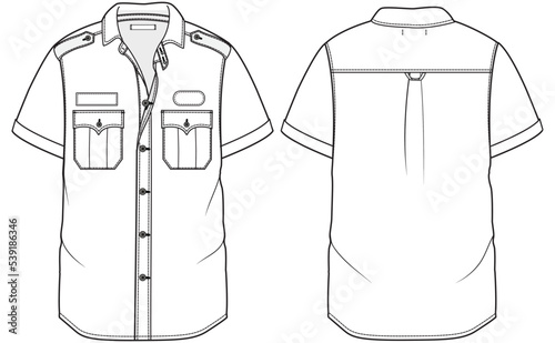 mens short sleeve work shirt fashion flat sketch vector illustration. front and back view technical drawing template.