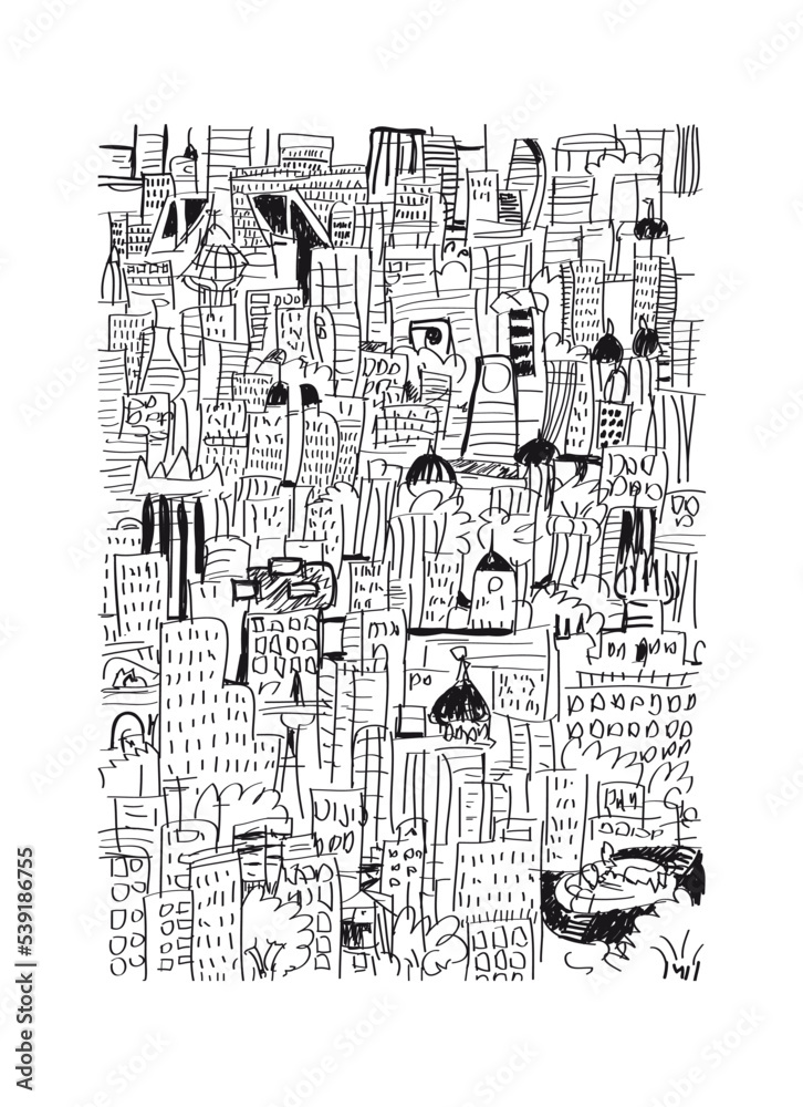 Cityscape with buildings, trees and domes piled up. Hand drawn sketch inked lines style black and white vector illustration.