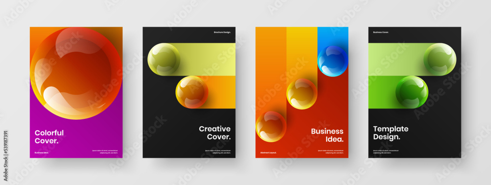Vivid booklet vector design illustration collection. Minimalistic realistic balls placard template bundle.